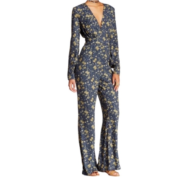 FREE PEOPLE Some Like It Hot Floral Print Flare Leg Jumpsuit Midnight Combo